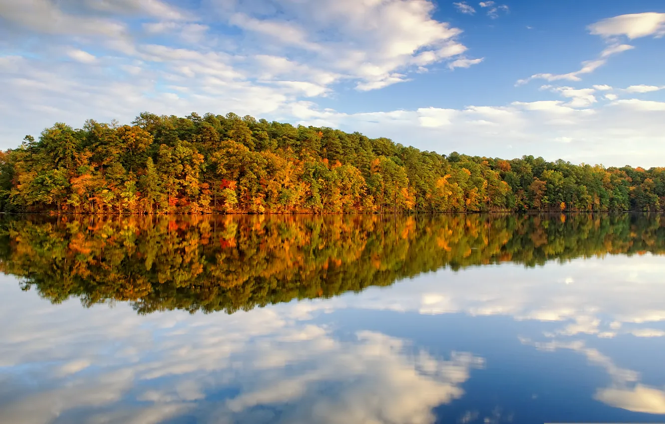 Photo wallpaper autumn, clouds, trees, lake, reflection