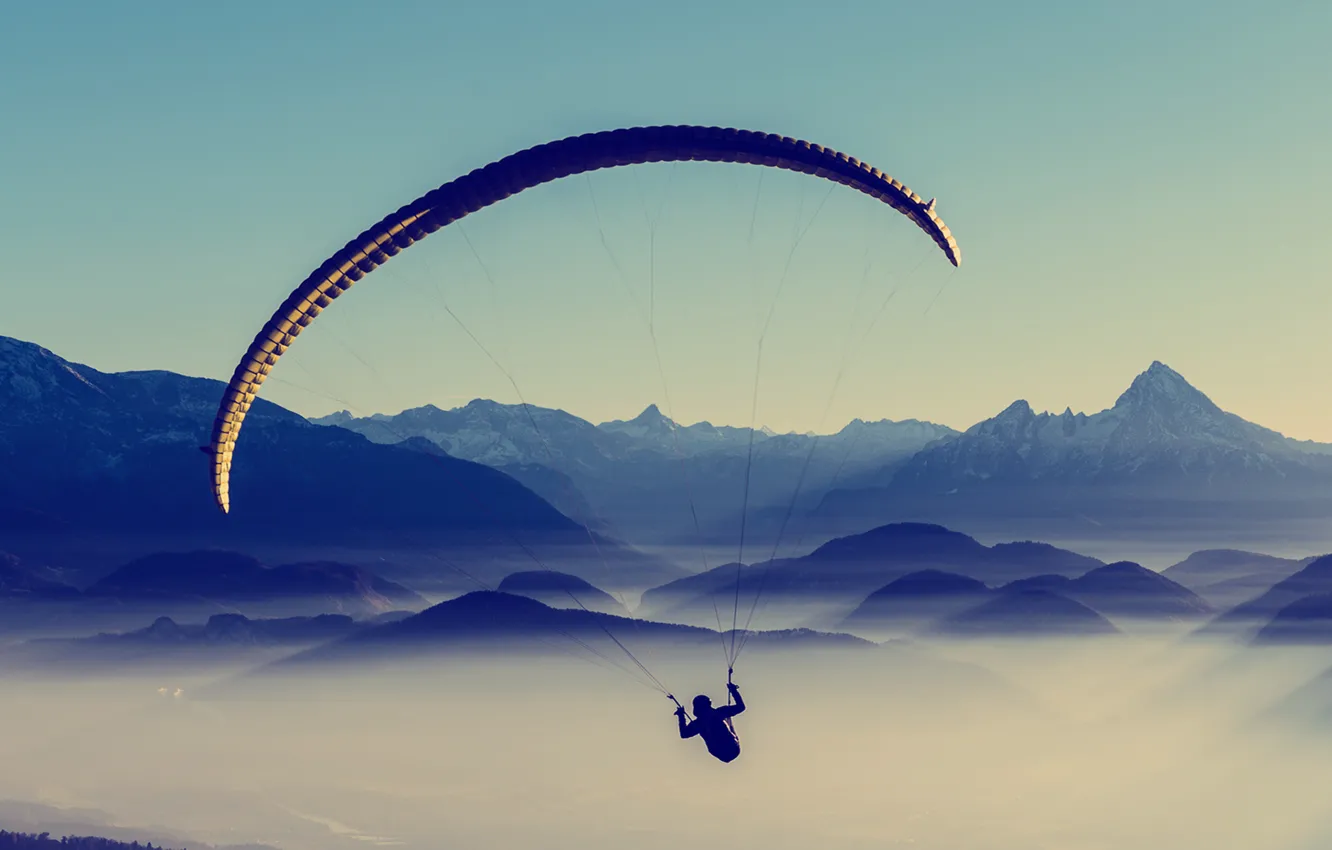 Photo wallpaper sky, landscape, nature, mountains, fog, sports, mist, Paragliding