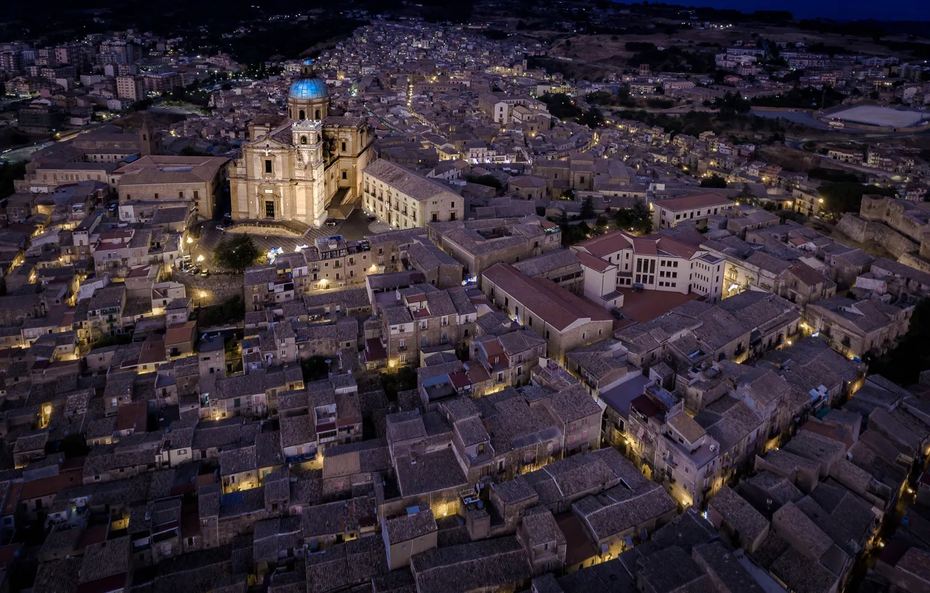 Photo wallpaper night, lights, home, Italy, Cathedral, Sicily, Piazza Armerina