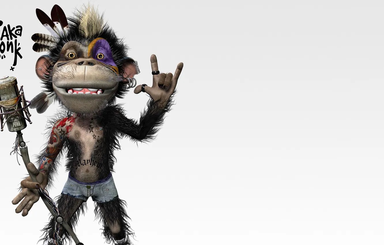 Photo wallpaper monkey, Music, microphone, funny, goz, indian feather, makeup, Shaka ponk