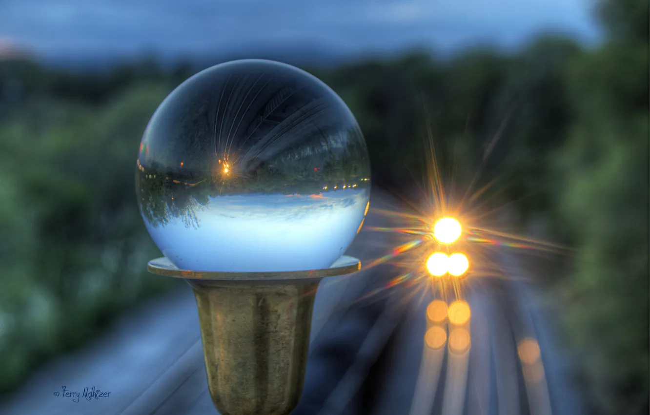 Photo wallpaper glass, glare, reflection, ball, train