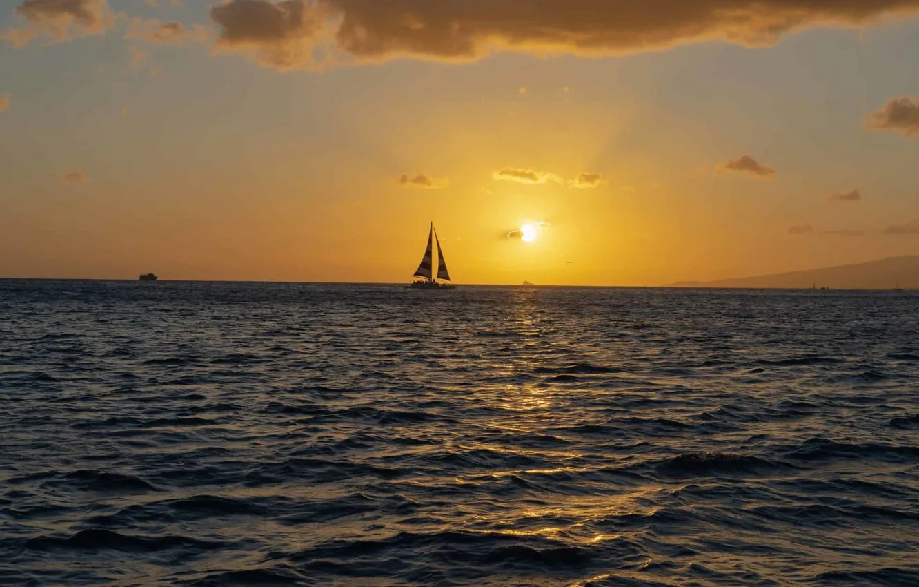 Photo wallpaper sea, the sun, sunset, reflection, the evening, sail, ships on the horizon, ships on the …