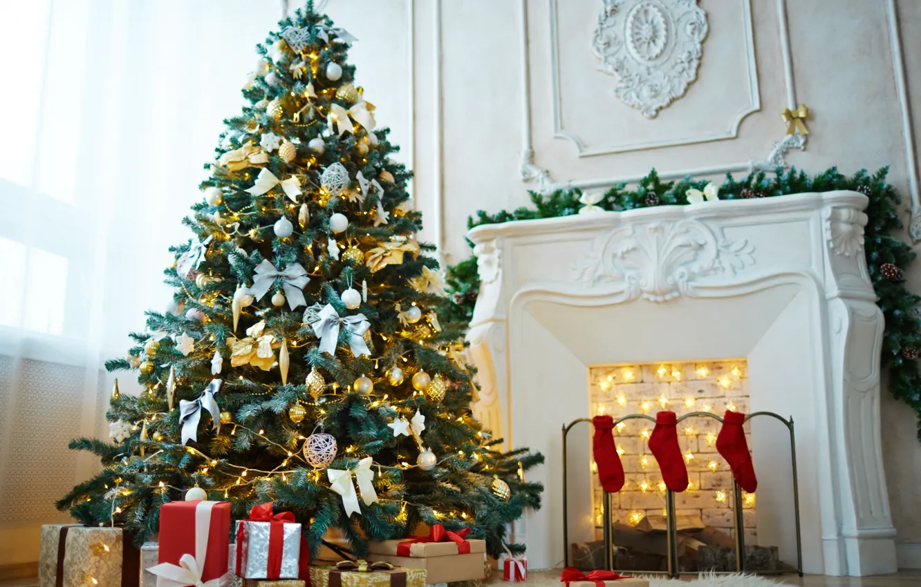 Photo wallpaper decoration, balls, tree, New Year, Christmas, gifts, fireplace, Christmas
