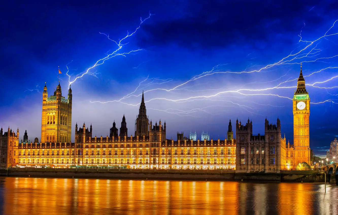 Photo wallpaper the sky, night, the city, river, lightning, England, London, home
