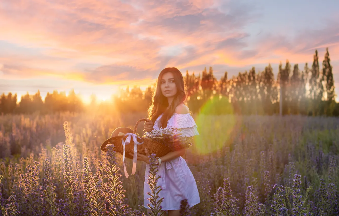 Photo wallpaper sky, long hair, dress, field, hat, sunset, flowers, model