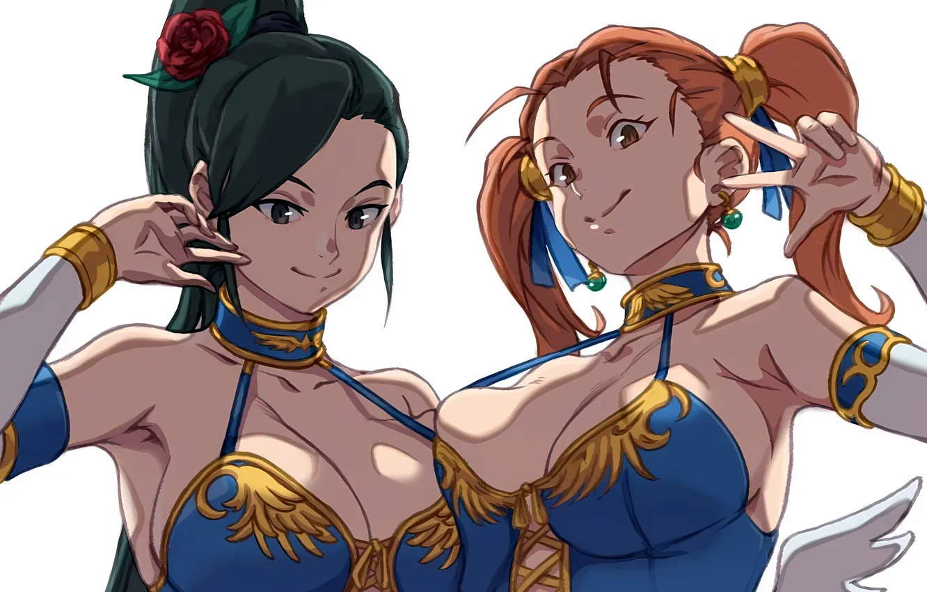 Photo wallpaper sexy, cleavage, blouse, long hair, girls, brown hair, brown eyes, boobs