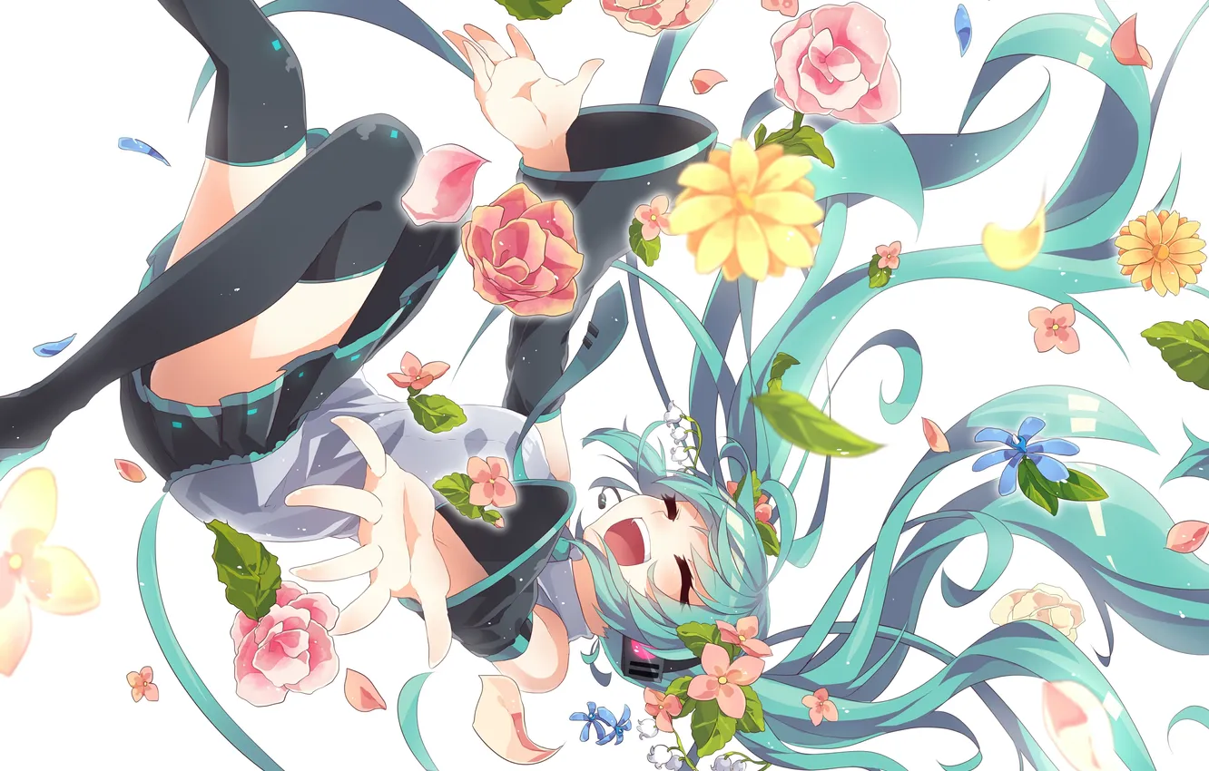 Photo wallpaper girl, joy, flowers, anime, art, microphone, vocaloid, hatsune miku