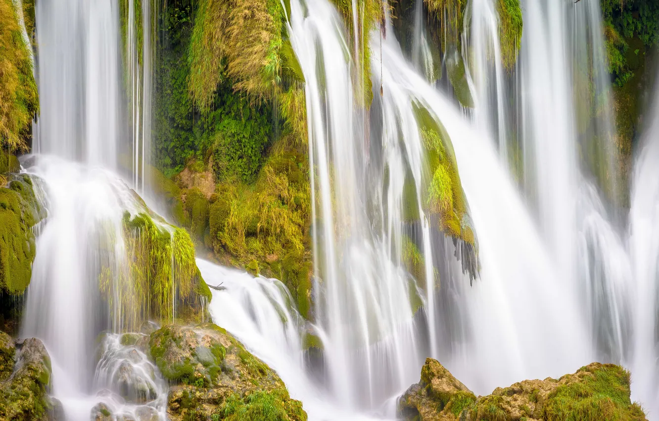 Photo wallpaper mountains, rocks, plant, waterfall, Kravice, Bosnia and Herzegovina