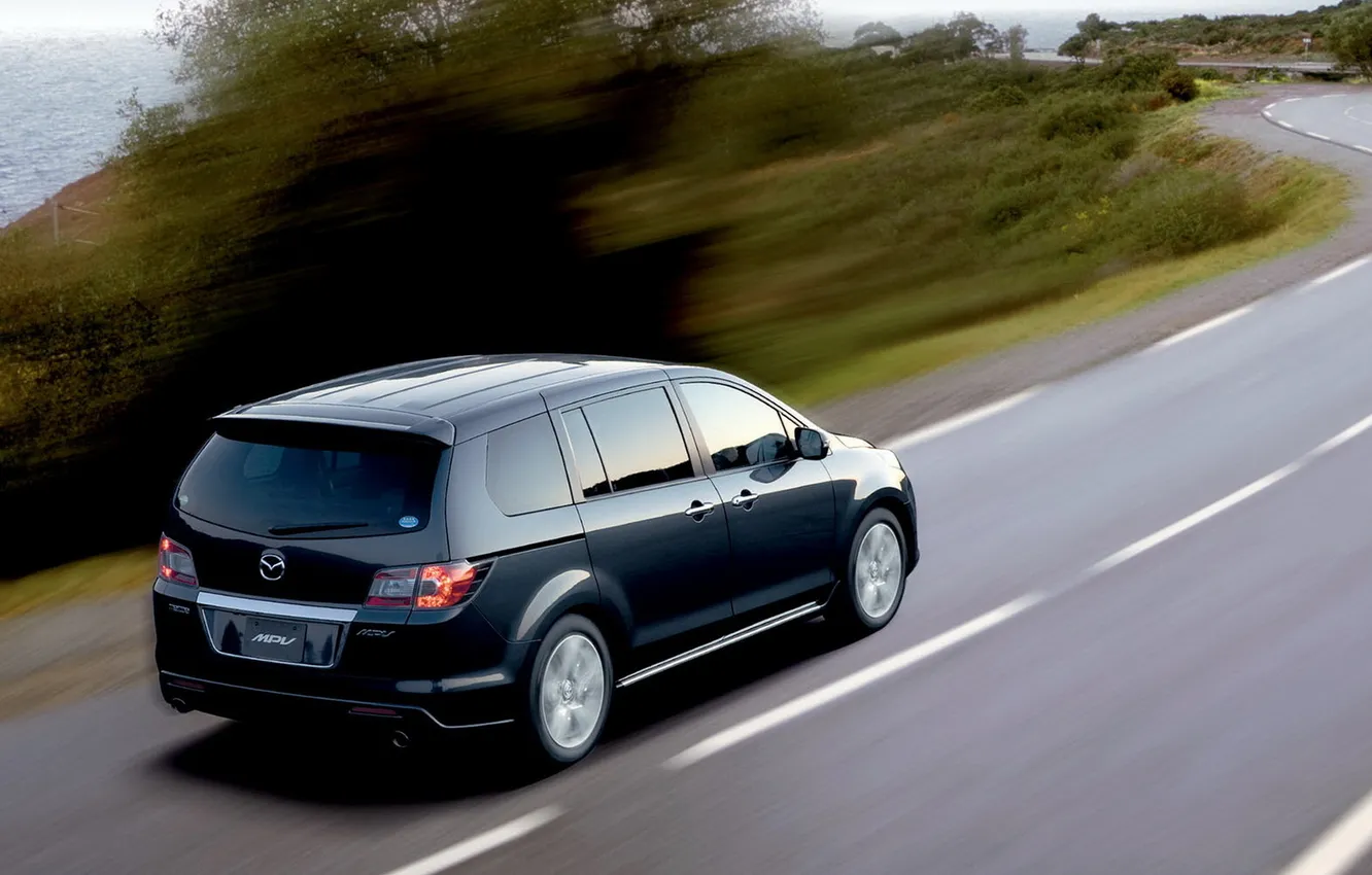 Photo wallpaper road, machine, auto, movement, black, Mazda, Mazda, MPV