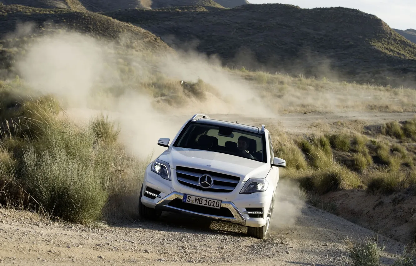 Photo wallpaper road, white, hills, dust, jeep, mercedes-benz, Mercedes, the front