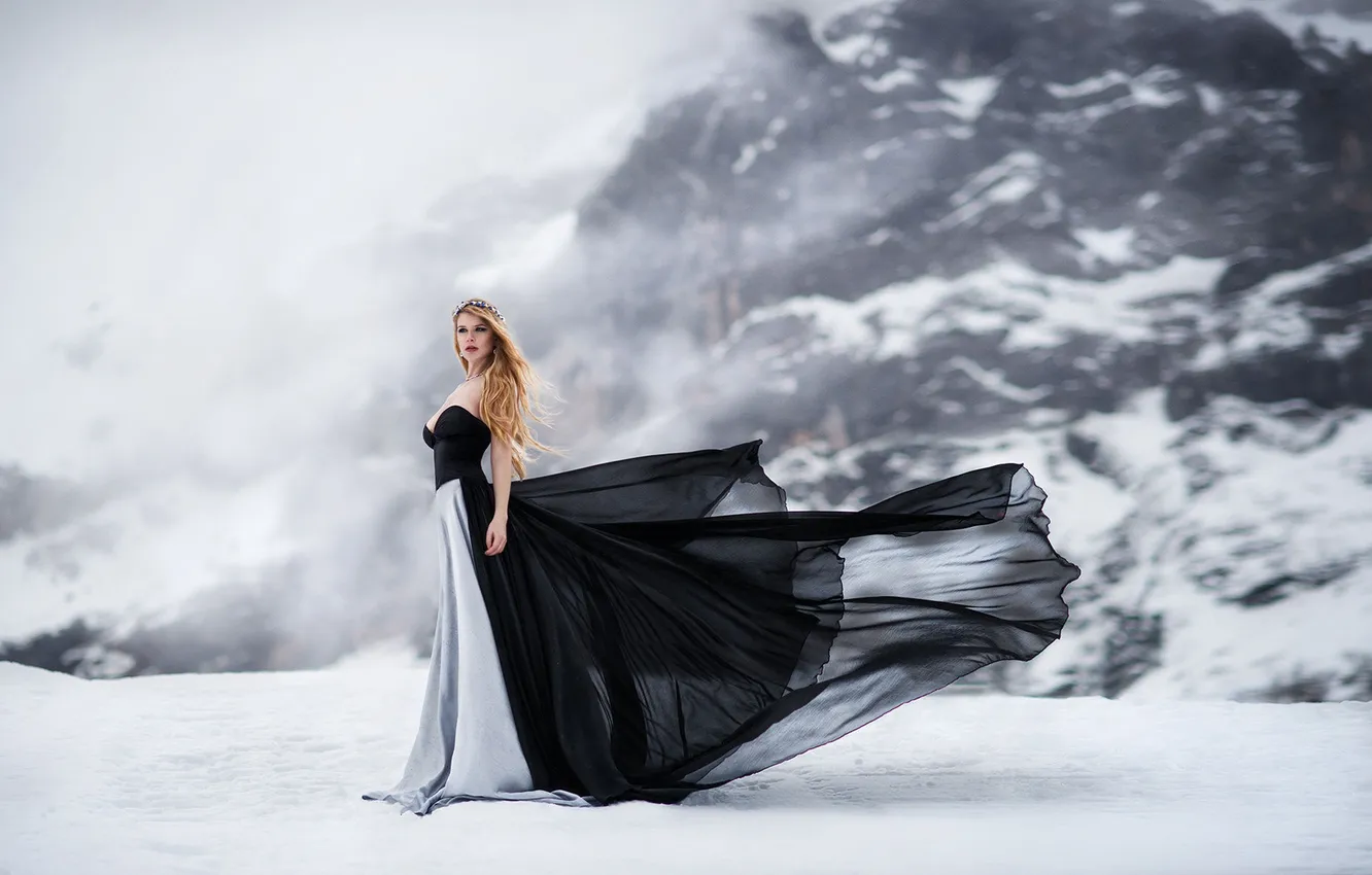 Photo wallpaper Girl, Beautiful, Model, Black, Snow, Fashion, Cold, Long