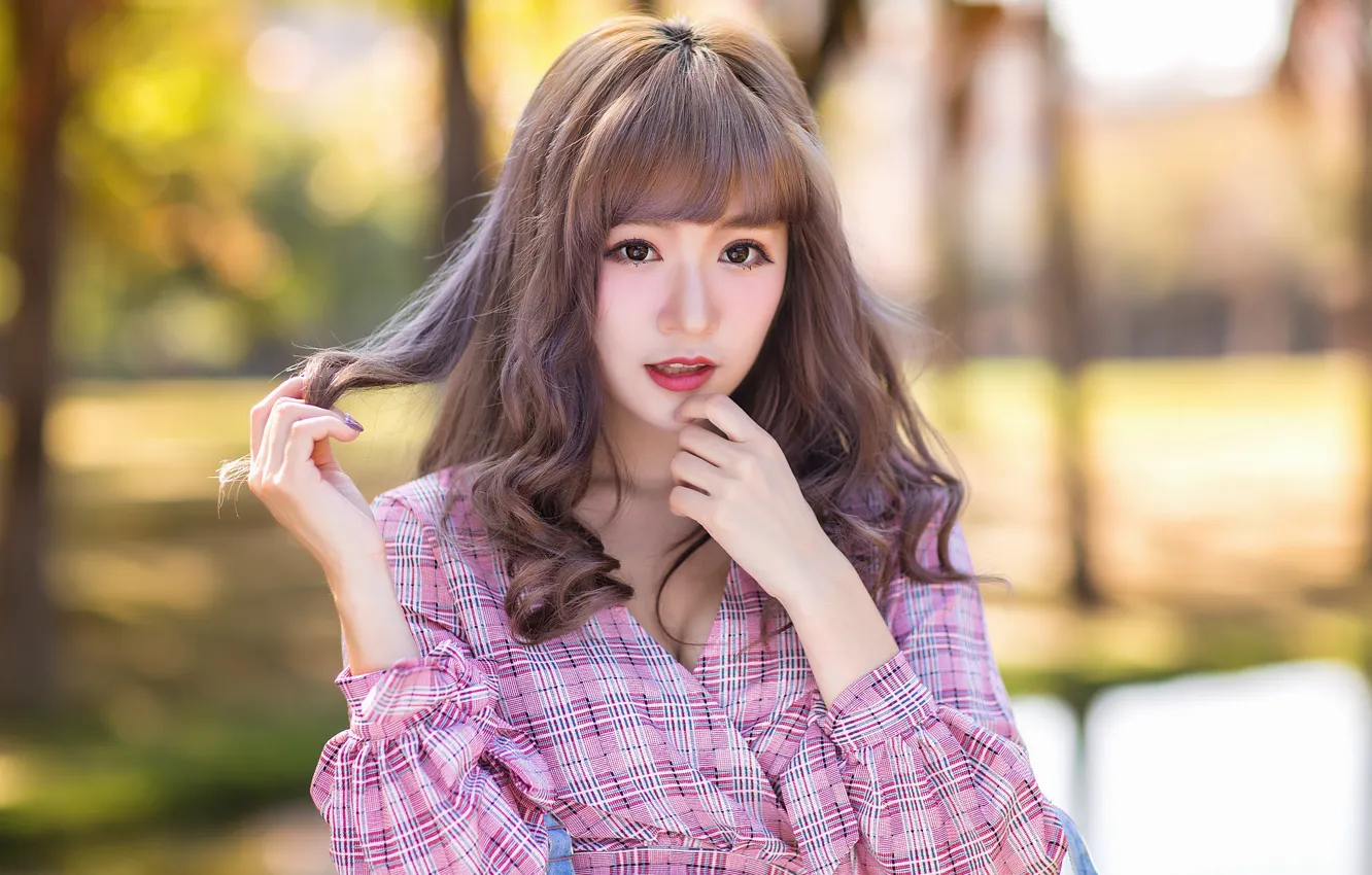 Photo wallpaper look, girl, hair, Asian, bokeh