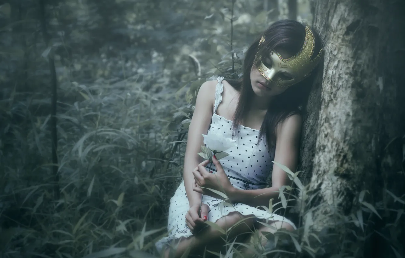 Photo wallpaper forest, girl, loneliness, mask