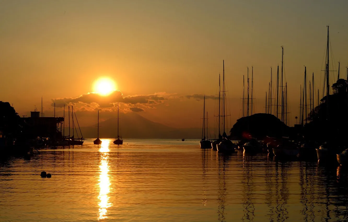 Photo wallpaper sea, the sun, clouds, sunset, harbour, yacht