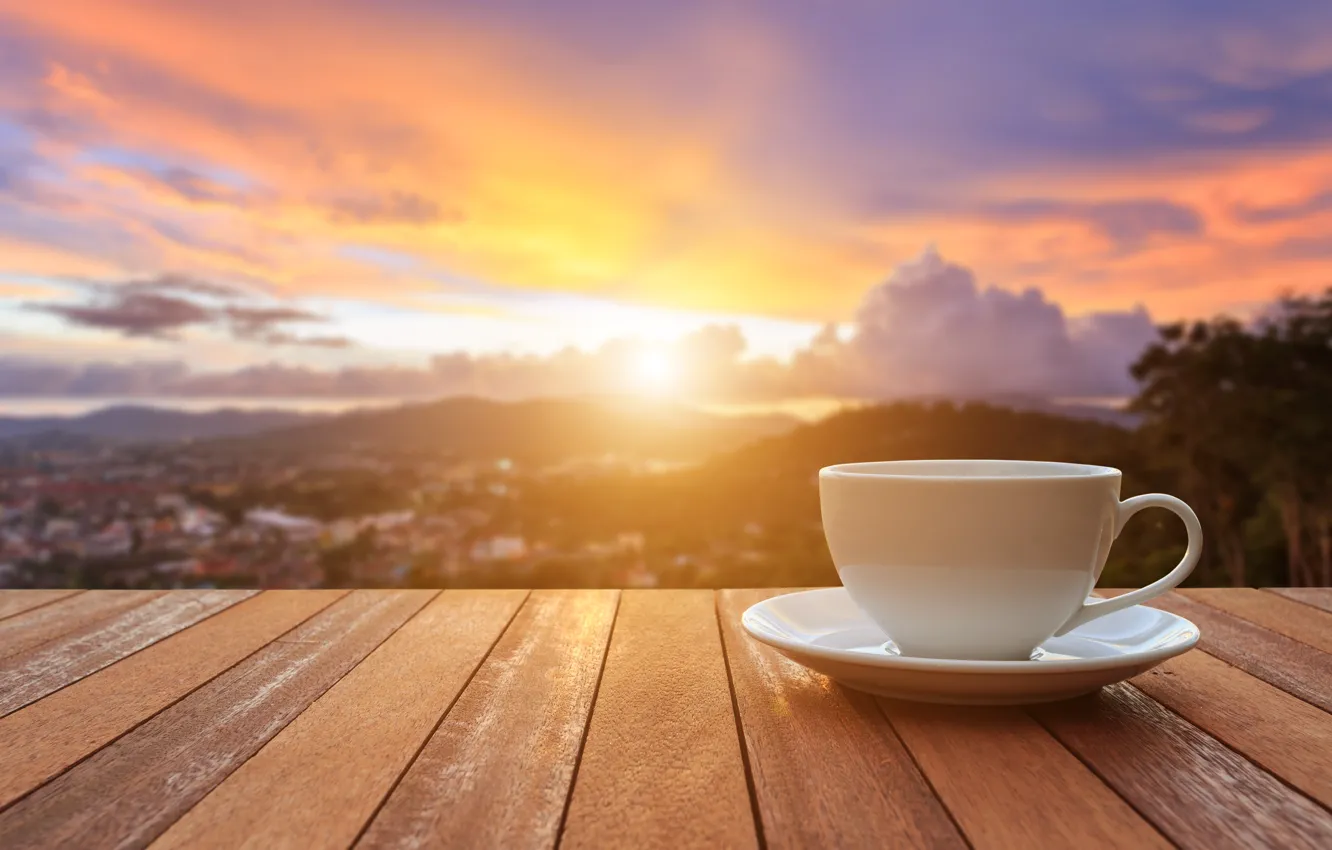 Photo wallpaper sunrise, coffee, morning, Cup, veranda, cup, sunrise, coffee