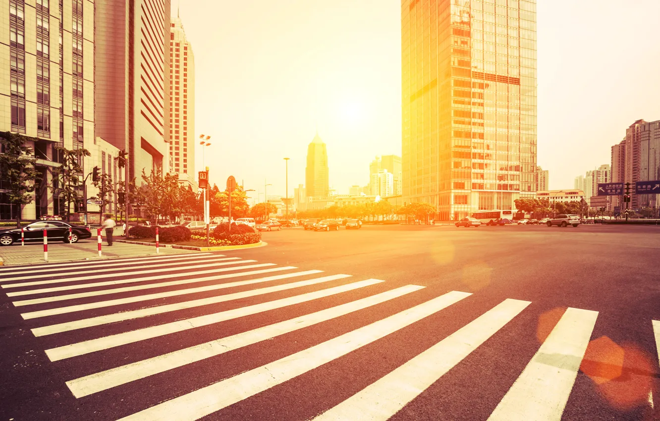 Photo wallpaper road, machine, auto, the sun, light, trees, life, city