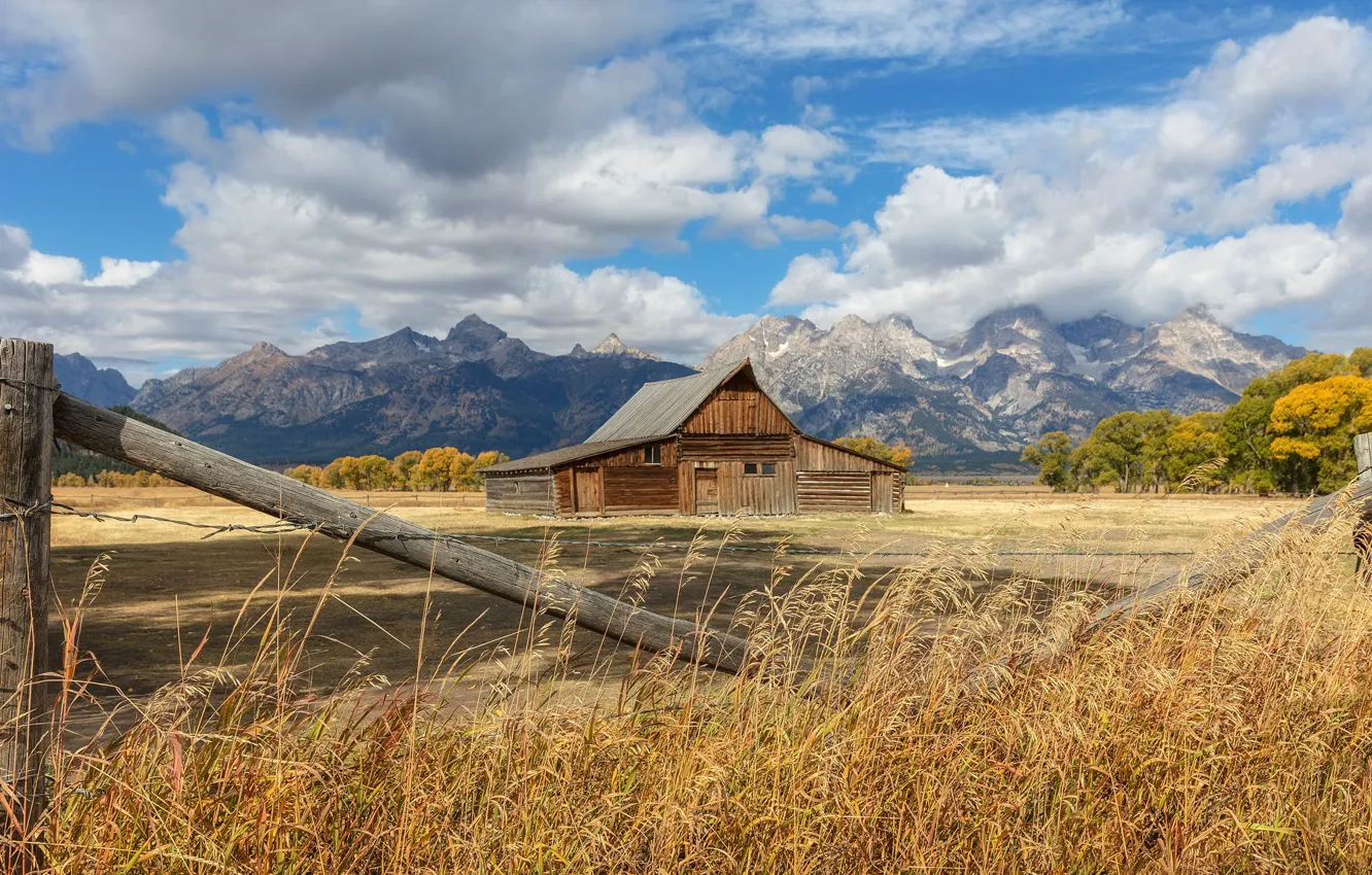 Photo wallpaper field, clouds, mountains, house, national Park, Grand Teton