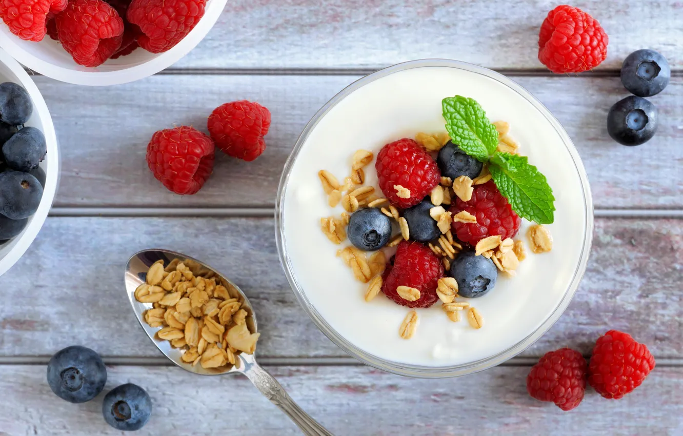 Photo wallpaper berries, muesli, yogurt