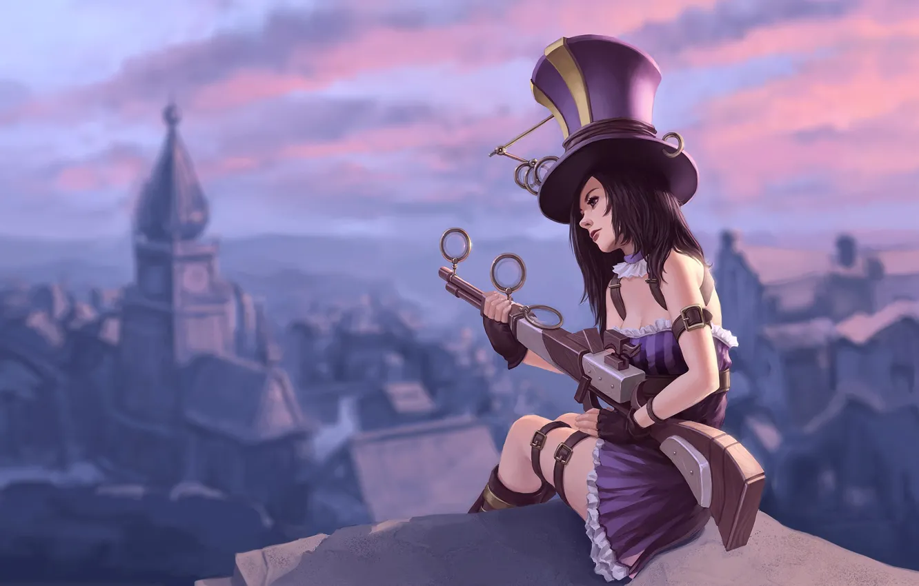 Photo wallpaper girl, the city, weapons, height, hat, League of Legends