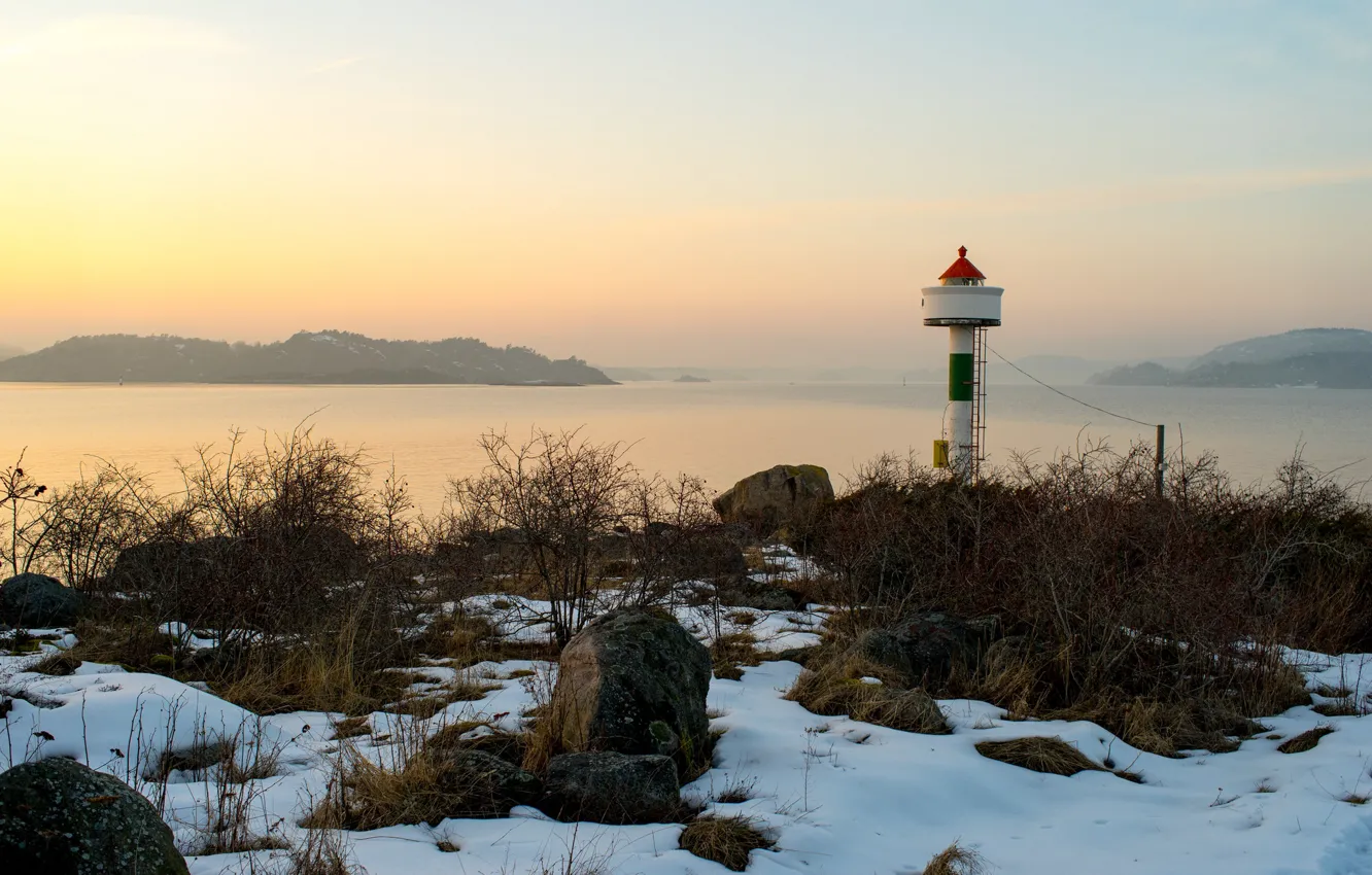 Photo wallpaper twilight, sea, sunset, winter, snow, dusk, lighthouse