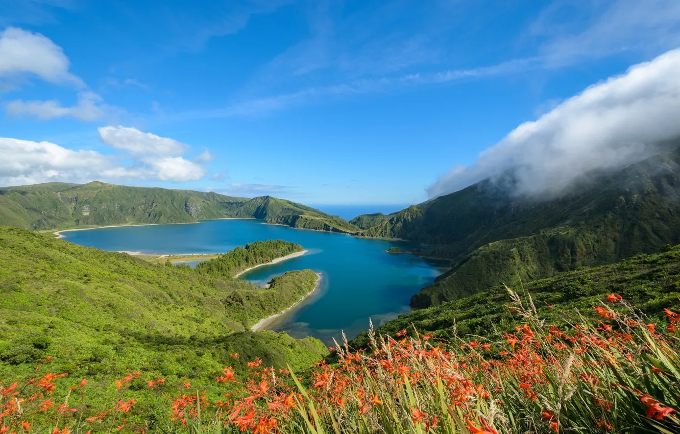 Photo wallpaper landscape, mountains, nature, lake, meadow, mountain lake