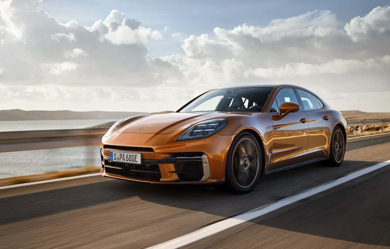 Photo wallpaper car, Porsche, Panamera, sky, clouds, speed, Porsche Panamera Turbo E-Hybrid