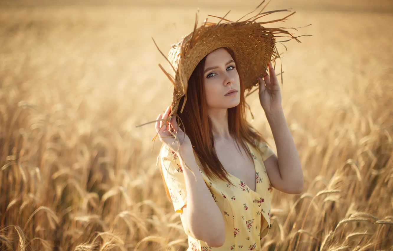 Photo wallpaper wheat, Girl, hat, dress, Sergey Sorokin, Daria Kostina