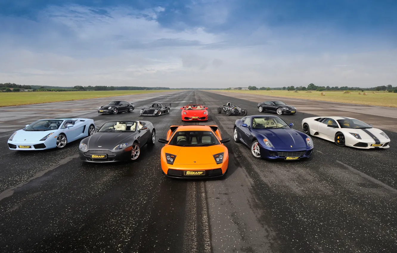 Photo wallpaper the sky, Ferrari 599, supercars, mixed, Ferrari F430 Spider, Aston Martin DBS, Supercars, Ariel Atom
