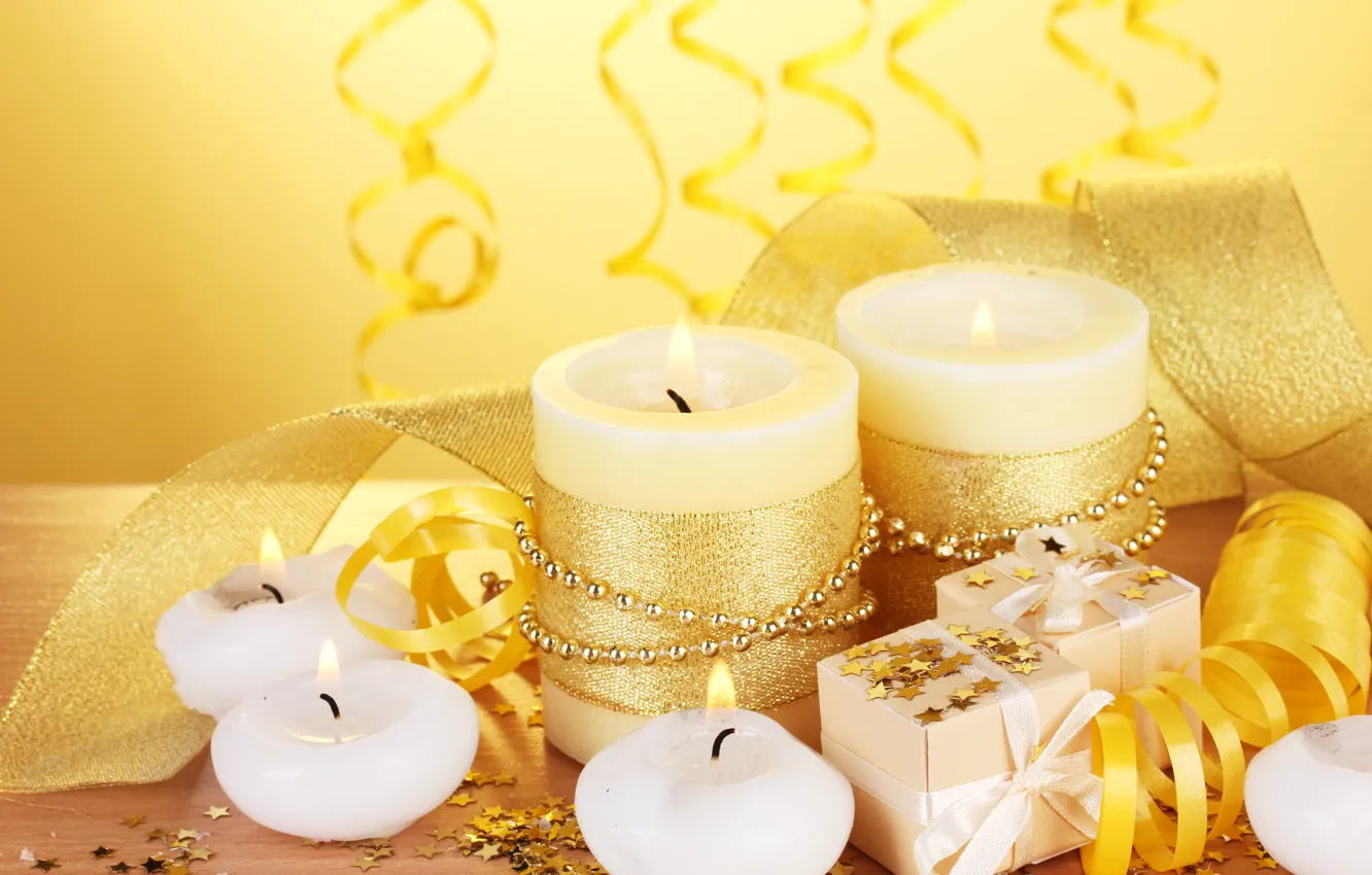 Photo wallpaper gold, holiday, gift, candles, tape, serpentine, stars