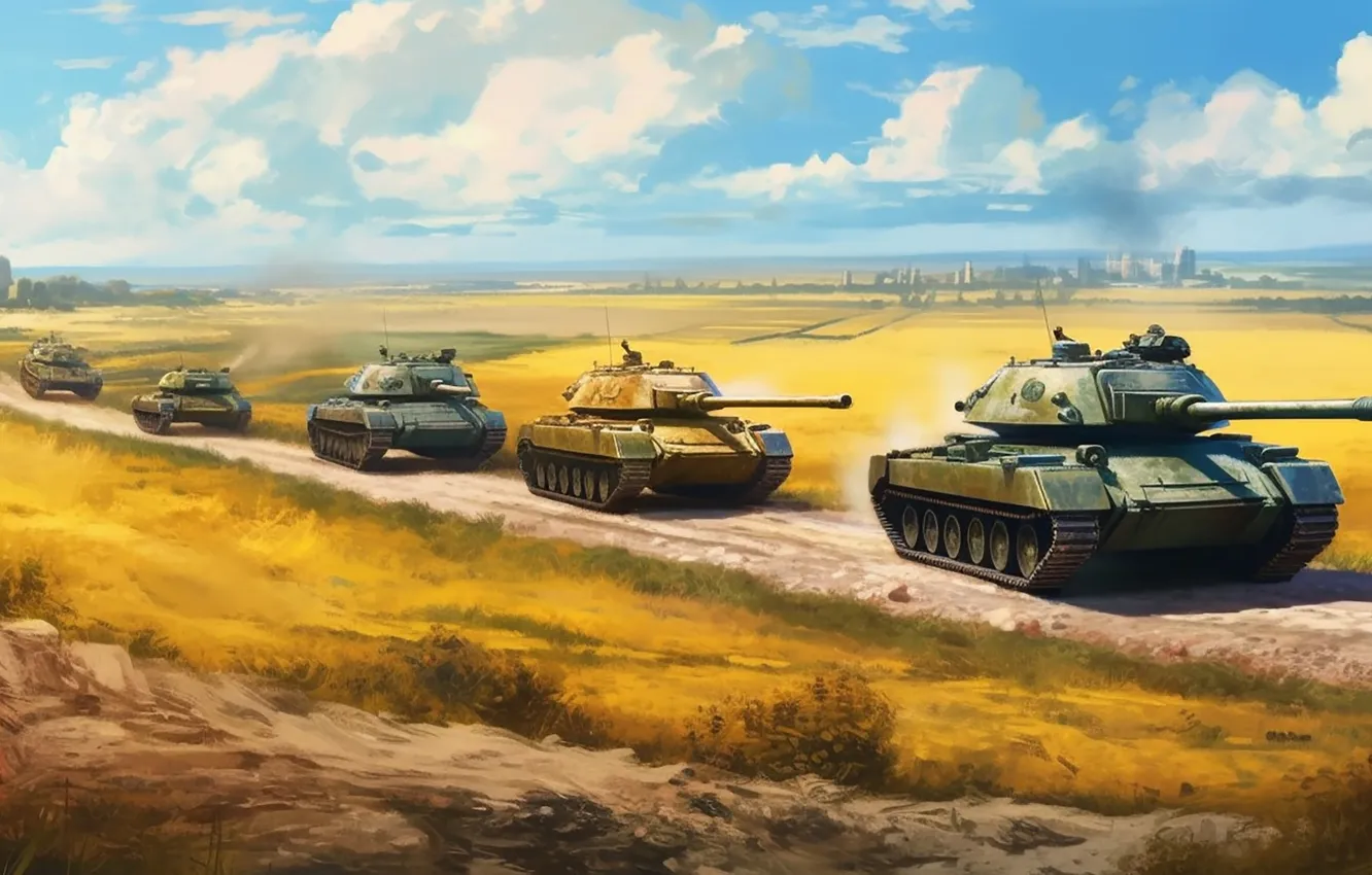 Photo wallpaper field, tank, columns, digital art, AI art, The Art of Artificial Intelligence, War and conflict …