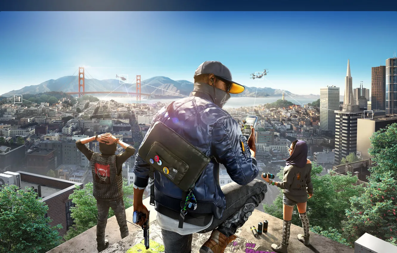 Photo wallpaper the city, glasses, cap, gun, cell phone, Haku, Watch Dogs2