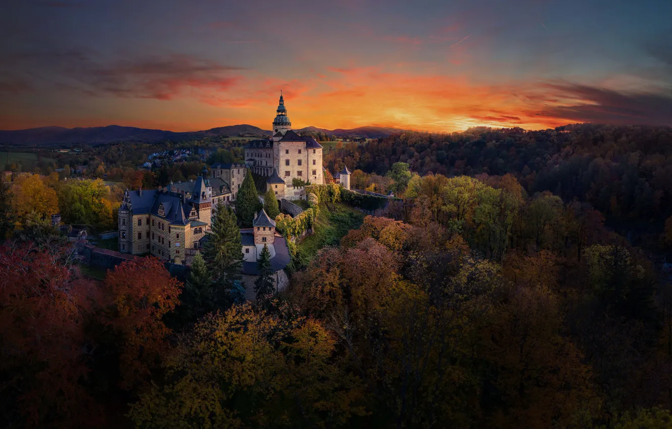 Photo wallpaper autumn, forest, the sky, sunset, mountains, old, castle, hills