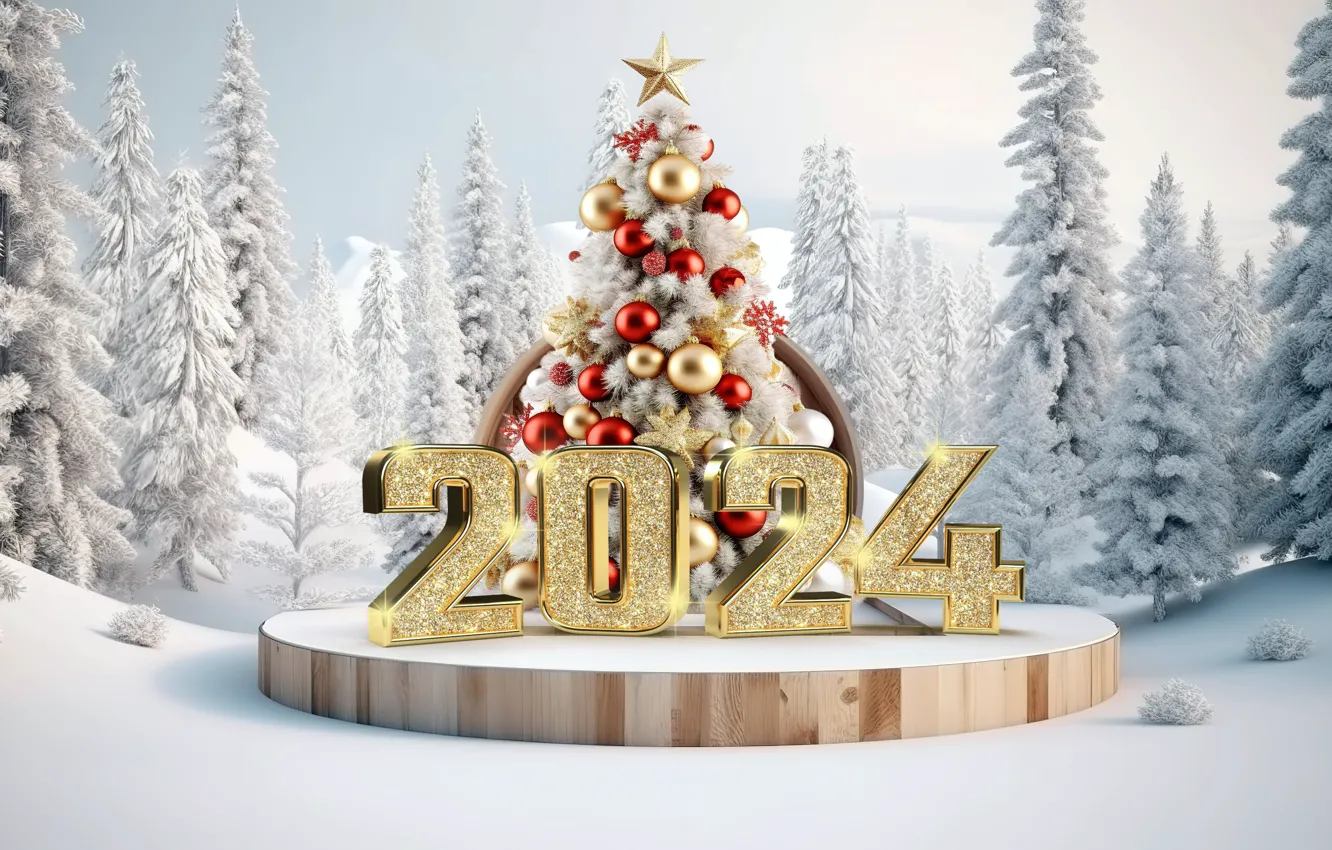 Photo wallpaper winter, snow, balls, tree, New Year, Christmas, figures, golden