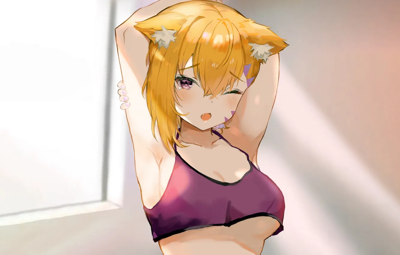 Photo wallpaper girl, sexy, boobs, animal ears, anime, beautiful, short hair, purple eyes