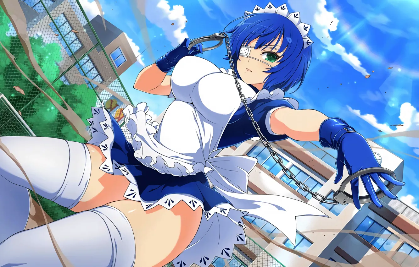 Photo wallpaper girl, sexy, thighhighs, green eyes, boobs, anime, beautiful, short hair