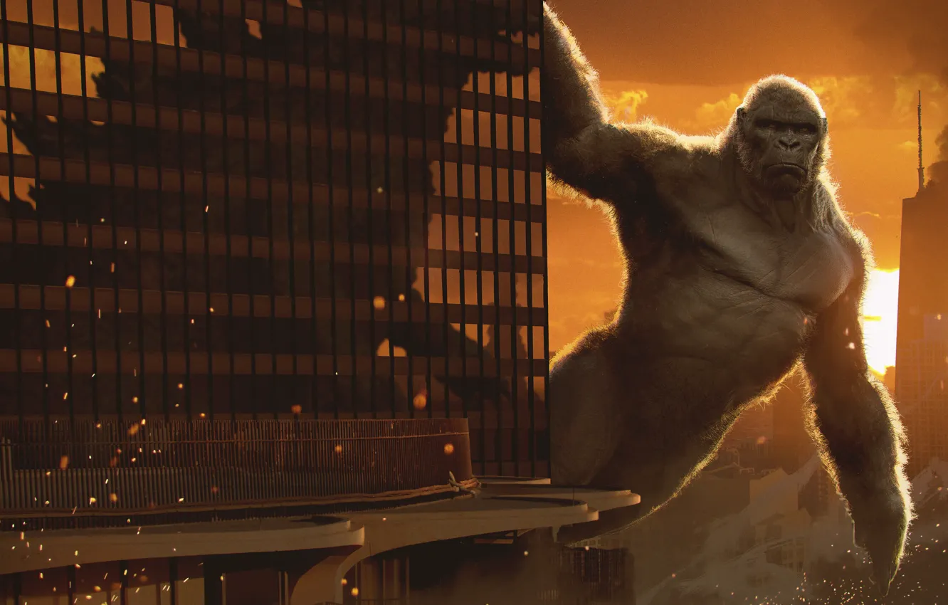 Photo wallpaper King Kong, skyscrapers, art, monkey, King Kong, gorilla, 2021, Godzilla vs. Kong