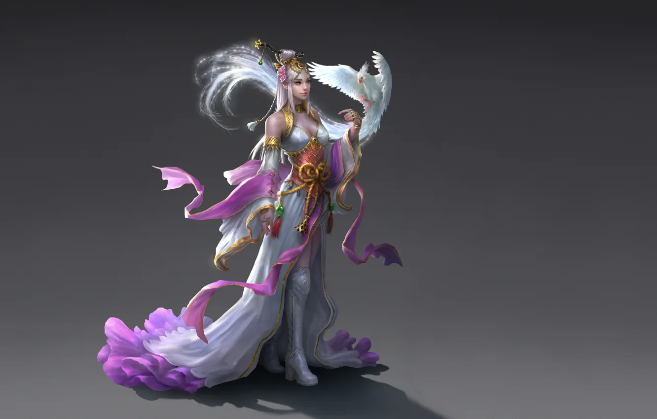 Photo wallpaper girl, bird, figure, dress, fantasy, art, tape, Chinese