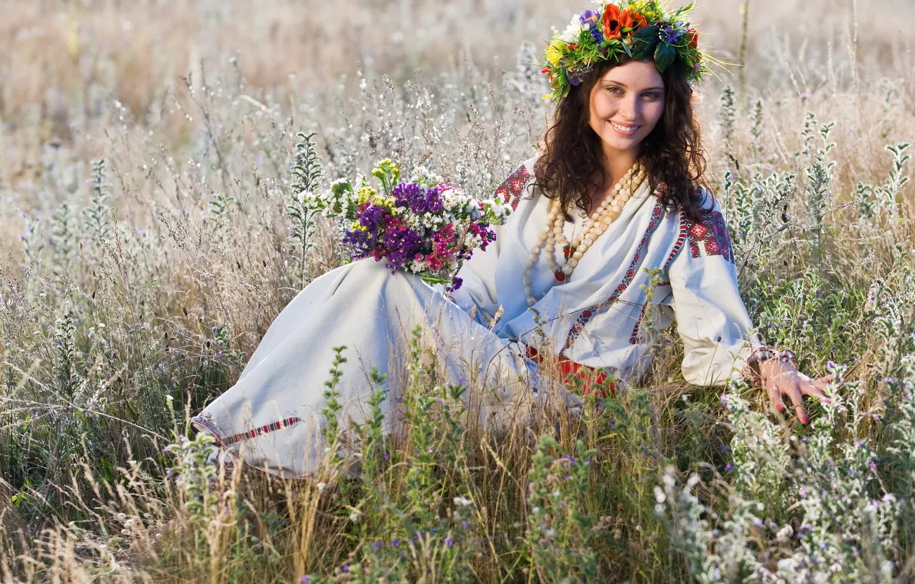 Photo wallpaper girl, flowers, brunette, wreath, Ukrainian, embroidery