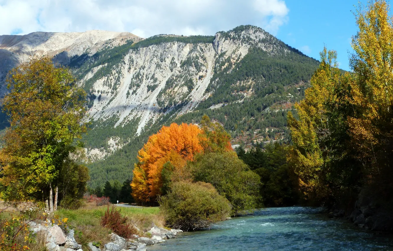 Photo wallpaper autumn, trees, mountains, river, stones, France, Sunny, Val-des-Pres