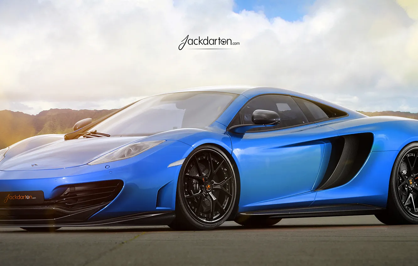 Photo wallpaper the sky, mountains, blue, glare, McLaren, supercar, Front, blue