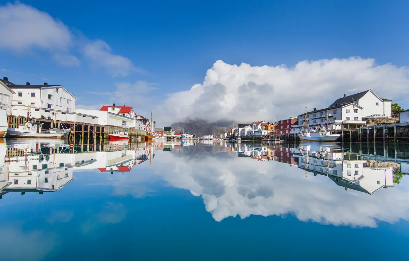 Photo wallpaper the sky, clouds, reflection, home, boats, mirror, port, Norway