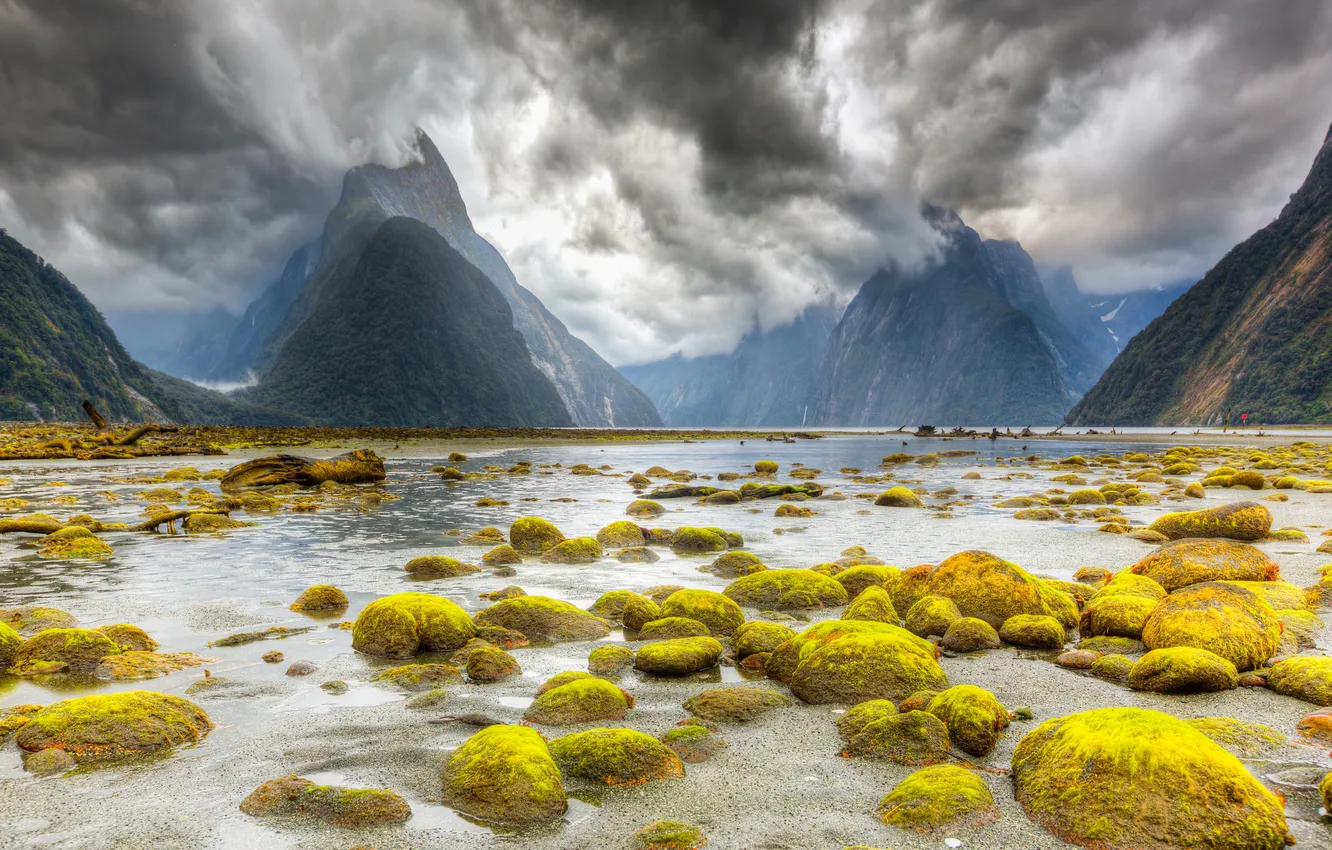 Photo wallpaper water, landscape, mountains, clouds, lake, stones, New Zealand