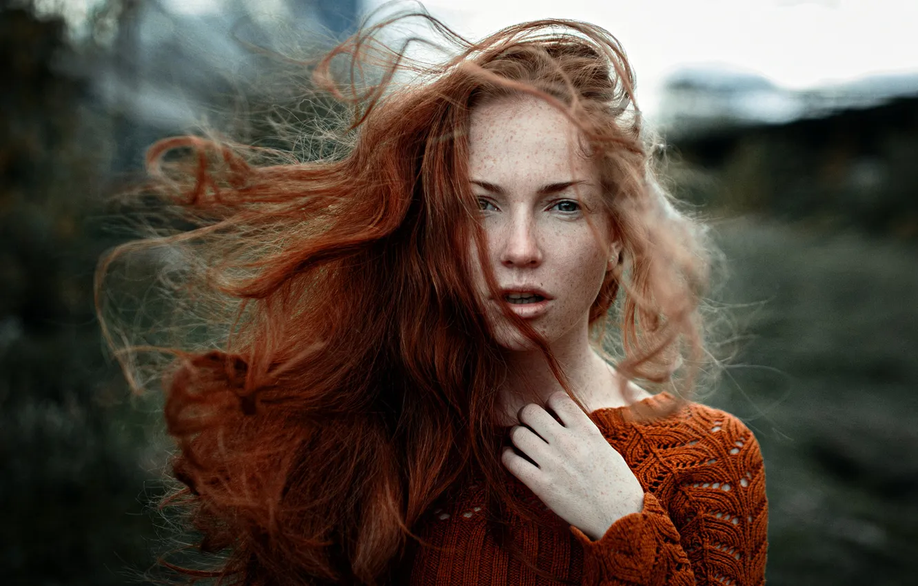 Photo wallpaper Girl, Look, Lips, Face, Jacket, Redhead, Oksana Butovskaya