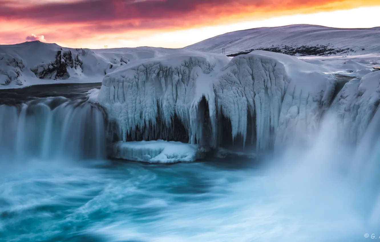Photo wallpaper ice, winter, snow, nature, river, dawn, waterfall