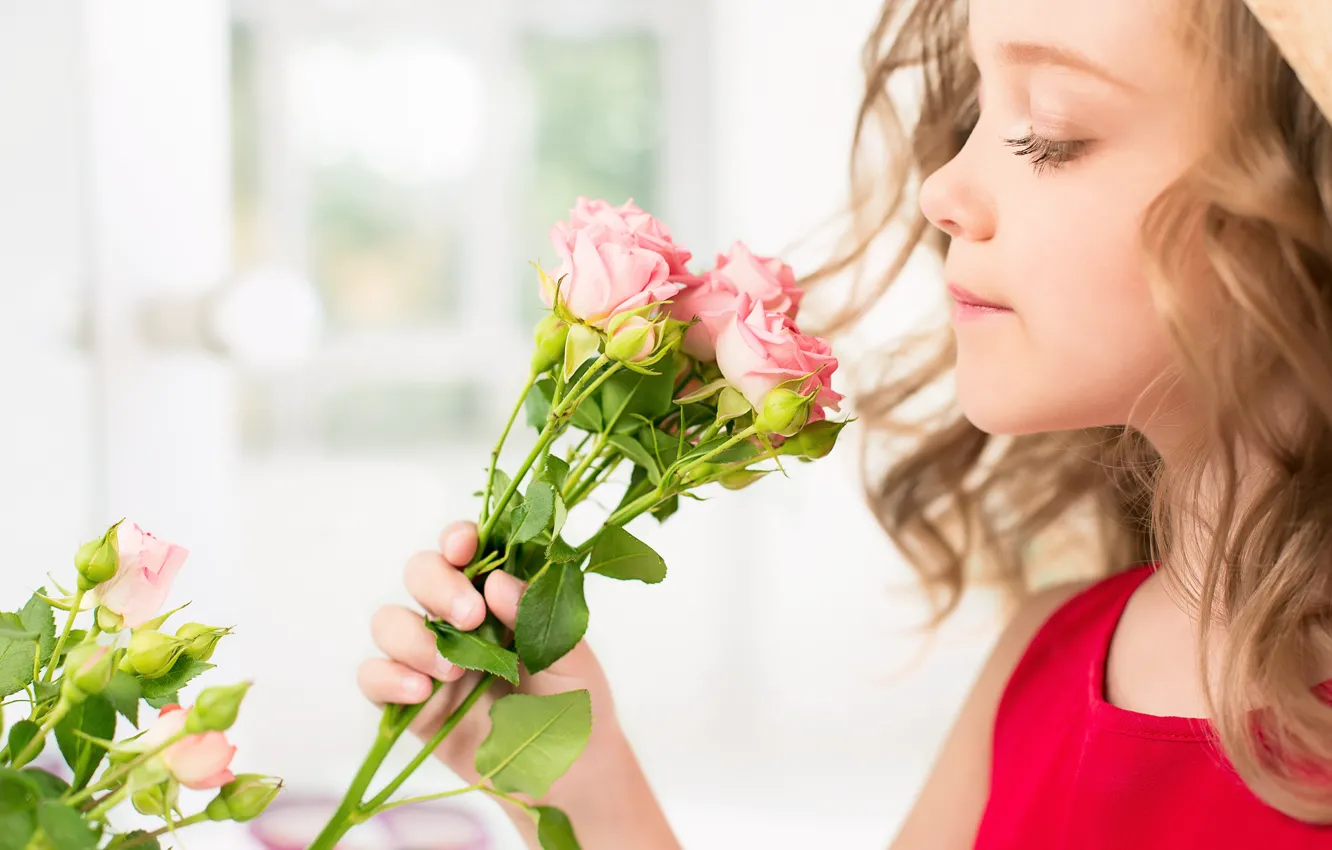 Photo wallpaper flowers, eyelashes, roses, bouquet, window, blonde, girl, profile