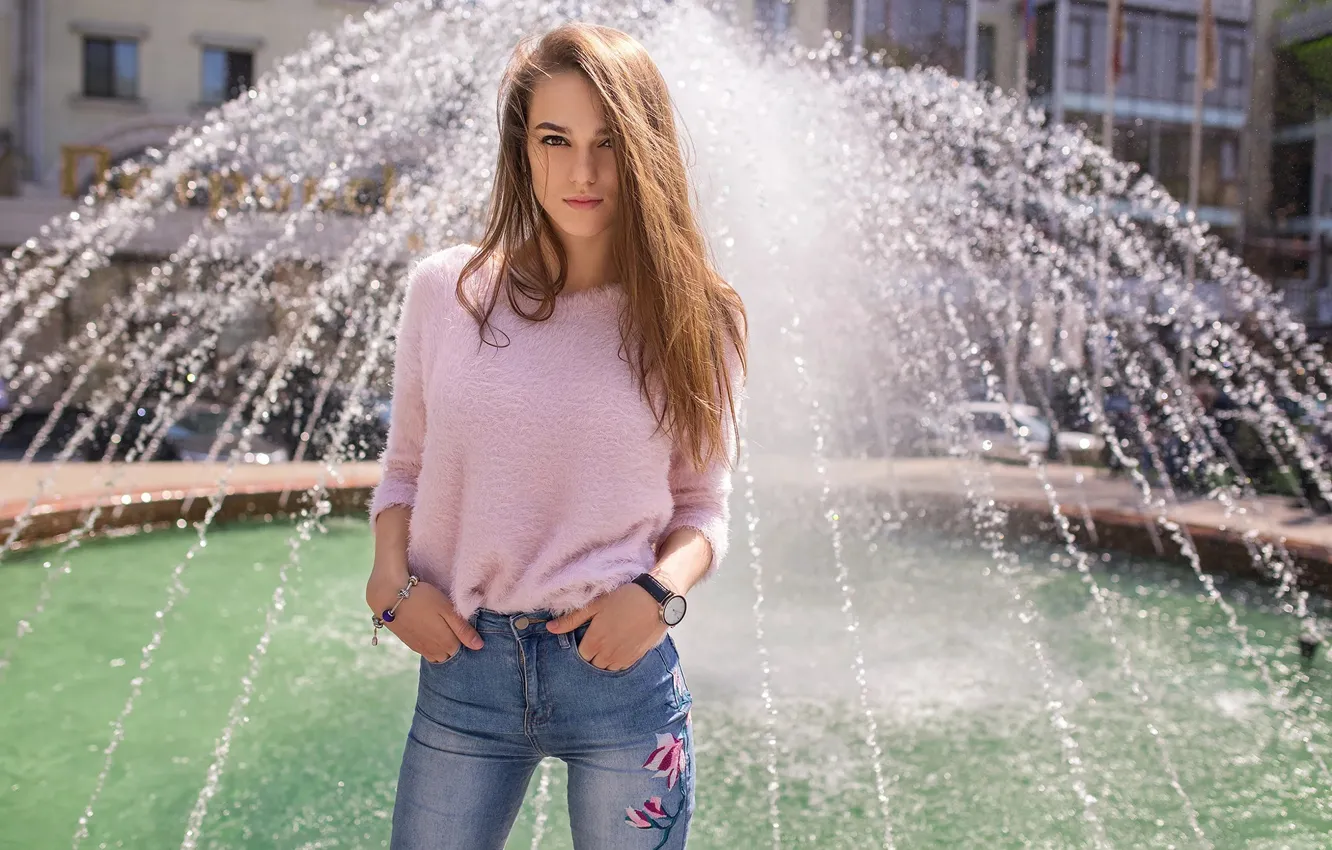 Photo wallpaper look, girl, jeans, fountain, Dmitry Sn
