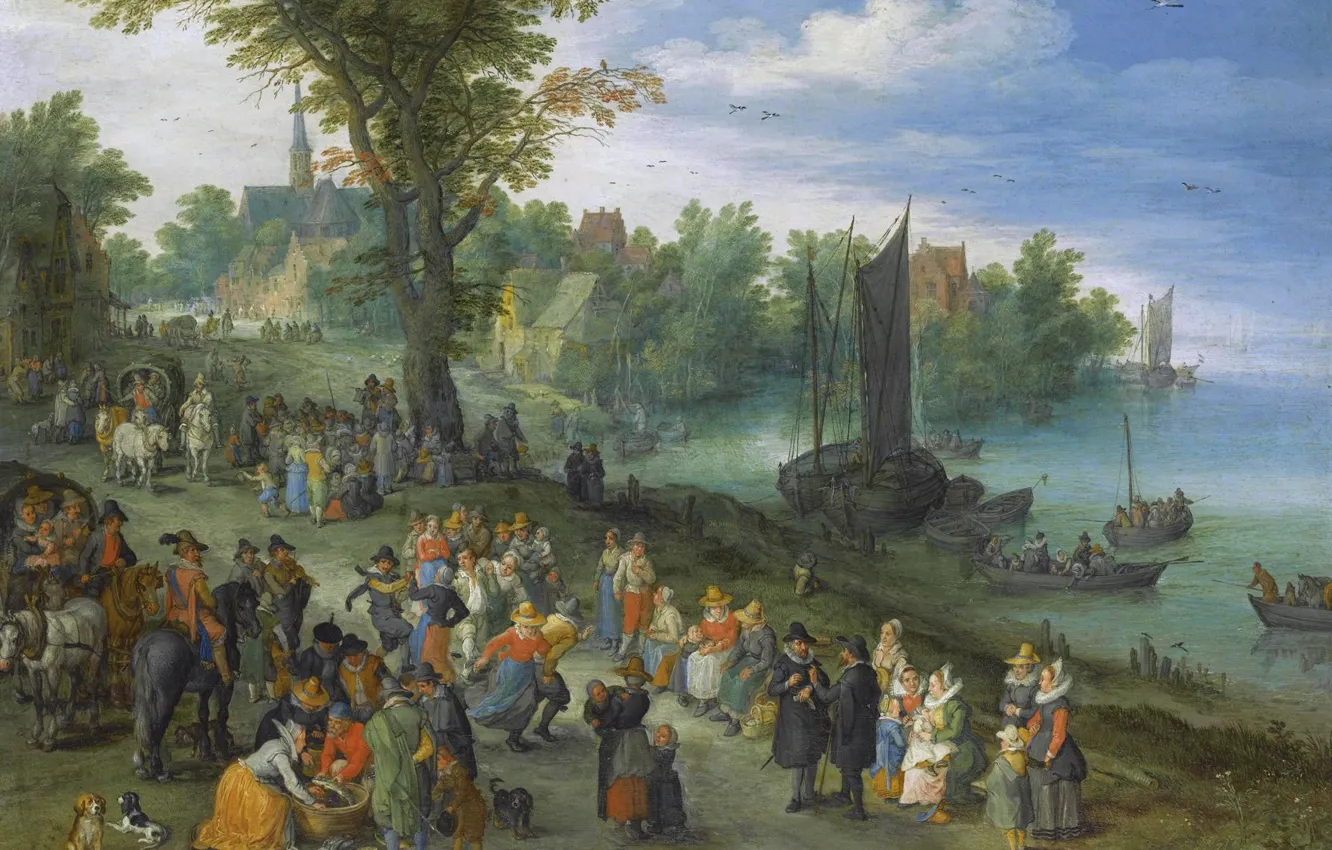 Photo wallpaper landscape, people, picture, trade, Jan Brueghel the elder, Fish Market on the River