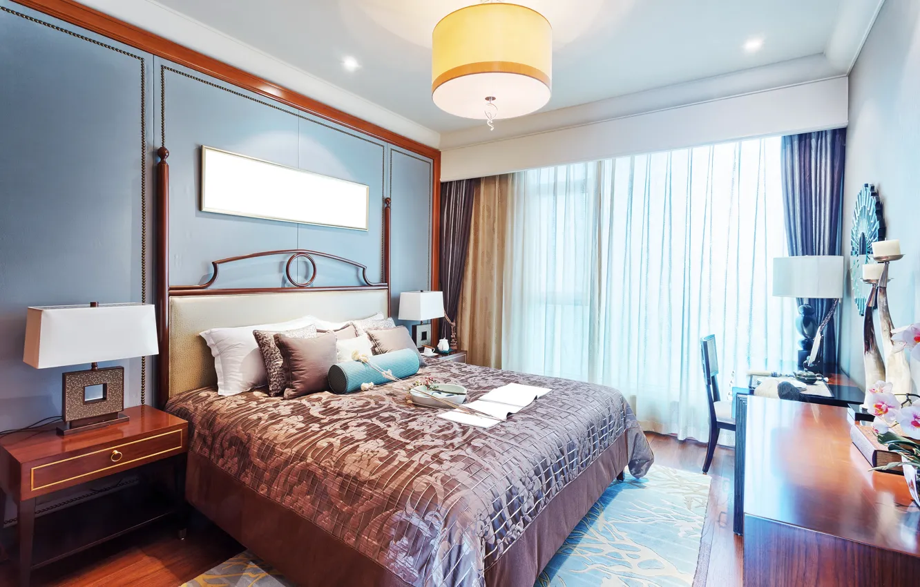 Photo wallpaper design, photo, lamp, bed, interior, pillow, bedroom