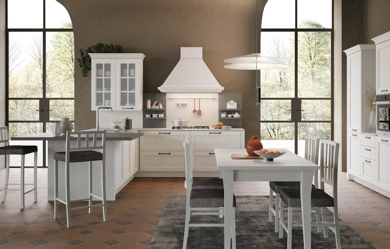 Photo wallpaper style, Villa, interior, Italy, kitchen, dining room, dining area, Italian design