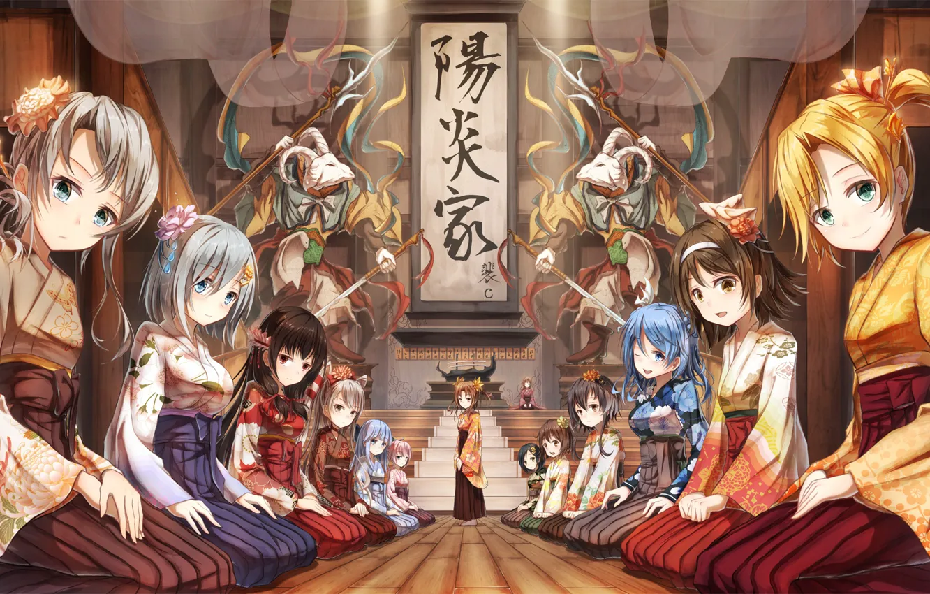 Photo wallpaper characters, temple, kimono, sitting, the altar, on my knees, the ceremony, kantai collection